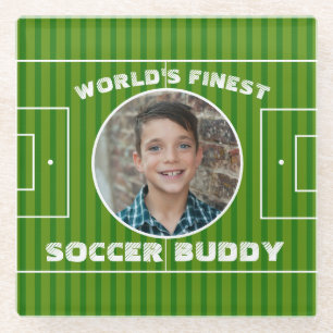 Soccer football field green personalised photo glass coaster
