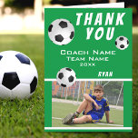 Soccer Football Green Sports Thank you Coach<br><div class="desc">Soccer Football Green Sports Thank you Coach Card. Soccer thank you coach card with photo, thank you text, coach name, team name, year, your name and soccer balls. Inside the card are more soccer balls. Photo thank you card - add your photo into the template. Personalize the card with names...</div>