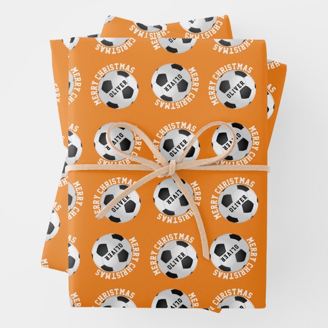 Soccer Football Kids Name Sports Merry Christmas Wrapping Paper Sheet (In situ)