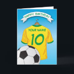 Soccer Football Yellow Green Shirt Custom Birthday Card<br><div class="desc">Personalized kids soccer birthday greeting cards with a light blue faded background and a yellow & green soccer/football shirt which you can personalise with the childs name and age, and a ball at the bottom. This football birthday card will impress the birthday kid be it your son/daughter, nephew/niece, grandson/grandaughter or...</div>