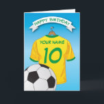 Soccer Football Yellow Green Shirt Custom Birthday Card<br><div class="desc">Personalized kids soccer birthday greeting cards with a light blue faded background and a yellow & green soccer/football shirt which you can personalise with the childs name and age, and a ball at the bottom. This football birthday card will impress the birthday kid be it your son/daughter, nephew/niece, grandson/grandaughter or...</div>