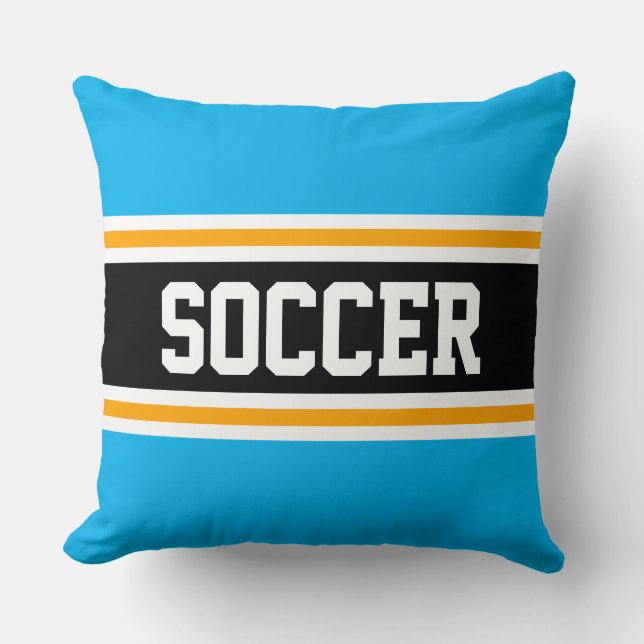 SOCCER Fun Bright Sky Blue Black Athletic Stripes Cushion (Front)