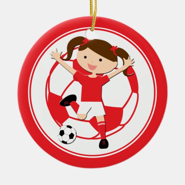 Soccer Girl 1 and Ball Red and White Ceramic Ornament (Front)