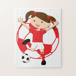 Soccer Girl 1 and Ball Red and White Jigsaw Puzzle