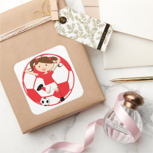 Soccer Girl 1 and Ball Red and White Square Sticker