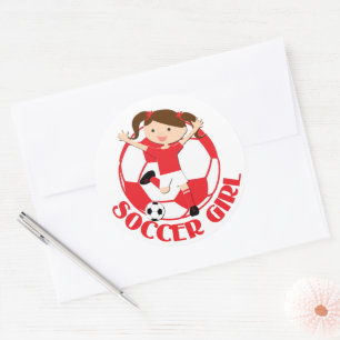 Soccer Girl 1 and Ball Red and White v2 Classic Round Sticker