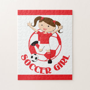 Soccer Girl 1 and Ball Red and White v2 Jigsaw Puzzle
