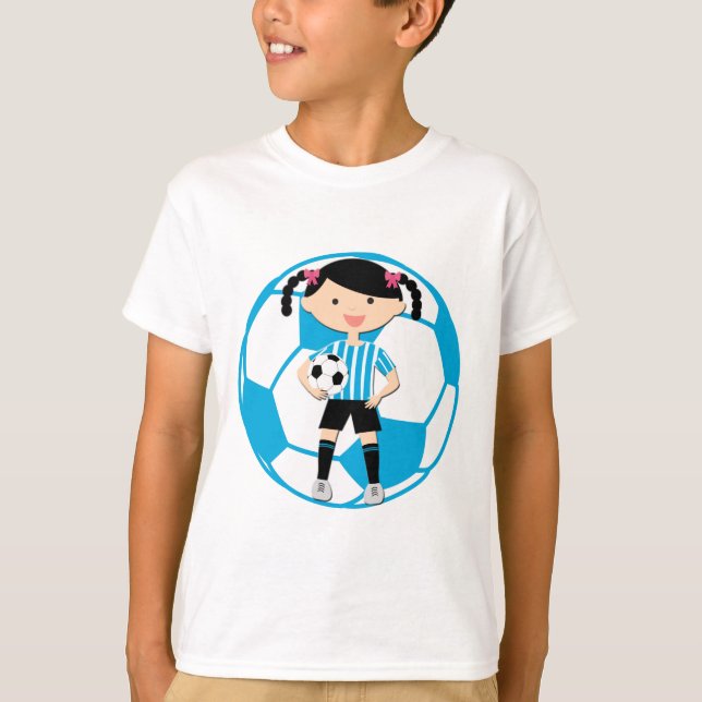 Soccer Girl 2 and Ball Blue and White Stripes T-Shirt (Front)