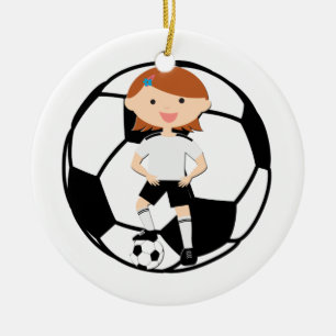 Soccer Girl 3 and Ball Black and White Ceramic Ornament