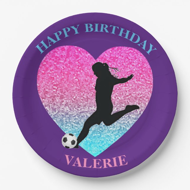Soccer Girl "Happy Birthday" Heart   Paper Plate (Front)