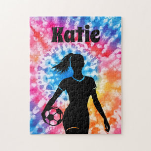 Soccer Girl Personalised Tie-Dye Rainbow Aquarelle Jigsaw Puzzle