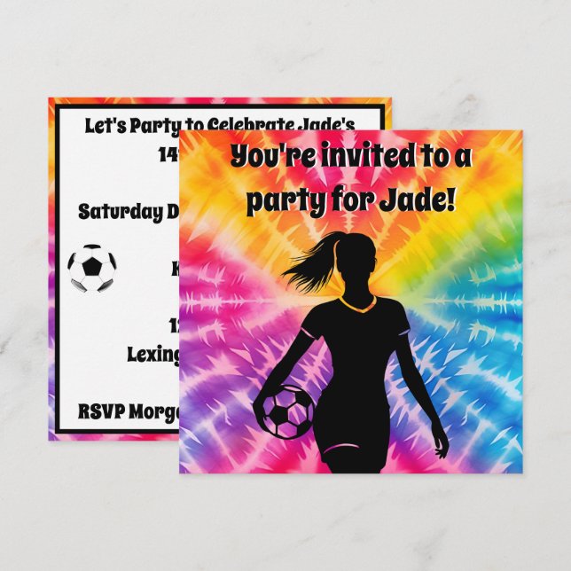 Soccer Girl Personalised Tie-Dye Rainbow Birthday Invitation (Front/Back)