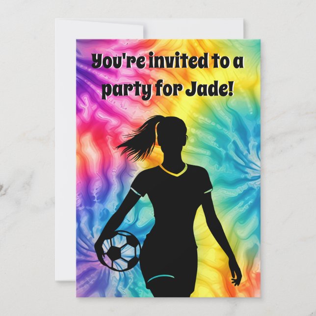 Soccer Girl Personalised Tie-Dye Rainbow Birthday Invitation (Front)