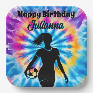 Soccer Girl Personalised Tie-Dye Rainbow Birthday Paper Plate