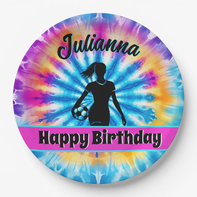 Soccer Girl Personalised Tie-Dye Rainbow Birthday Paper Plate (Front)