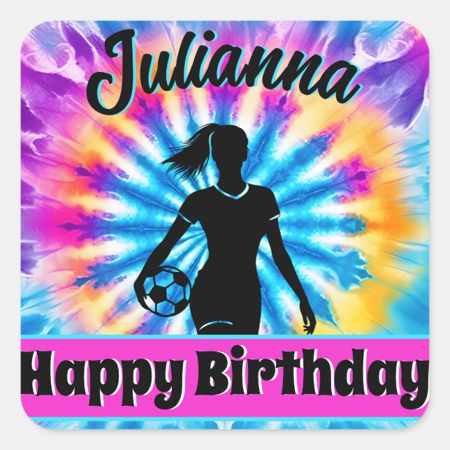 Soccer Girl Personalised Tie-Dye Rainbow Birthday Square Sticker (Front)