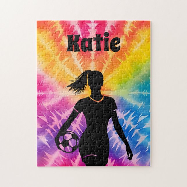 Soccer Girl Personalised Tie-Dye Rainbow Burst Jigsaw Puzzle (Vertical)