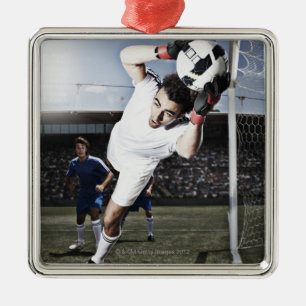 Soccer goalie catching soccer ball metal ornament