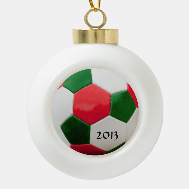 Soccer Green and Red Ceramic Ball Christmas Ornament (Front)