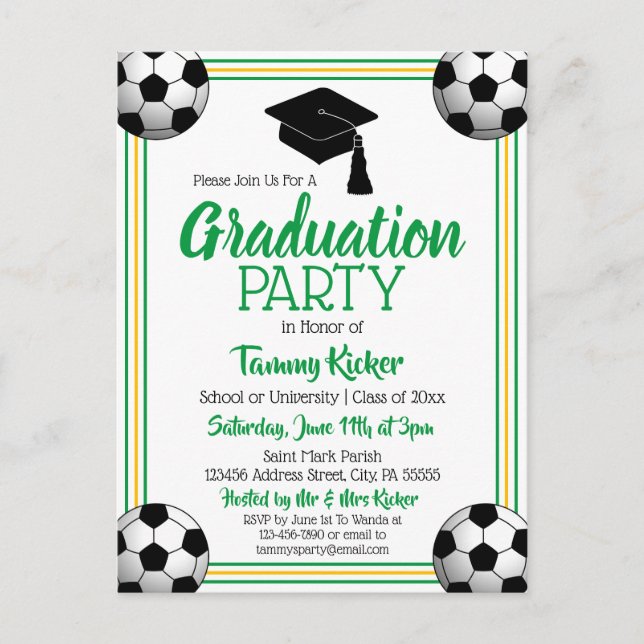 Soccer Green & Gold Graduation Party Invitation Postcard (Front)