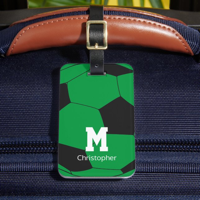 Soccer Green Monogram & Name Luggage Tag (Front Insitu 2)