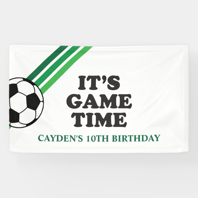 Soccer Green Stripes Game Time Birthday Banner (Horizontal)