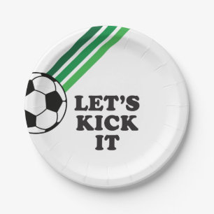 Soccer Green Stripes Let's Kick It Birthday Paper Plate