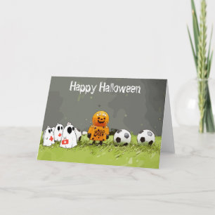 Soccer Happy Halloween with balls on green grass Card