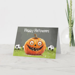 Soccer Happy Halloween with balls on green grass Card