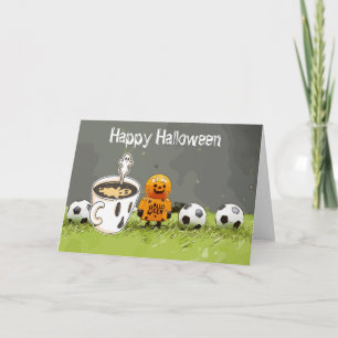 Soccer Happy Halloween with balls on green grass Card