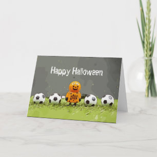 Soccer Happy Halloween with balls on green grass Card