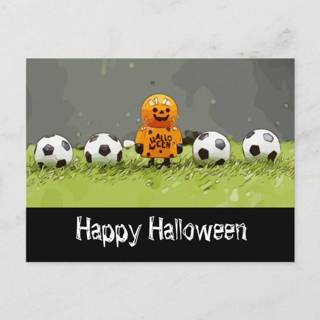Soccer Happy Halloween with balls on green grass   Postcard (Front)