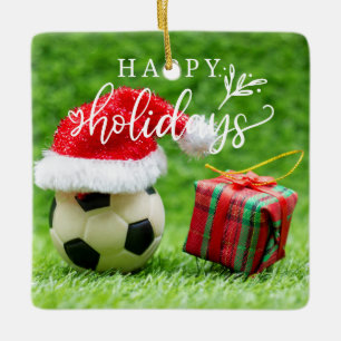 Soccer Happy Holidays with ball on green grass Ceramic Ornament