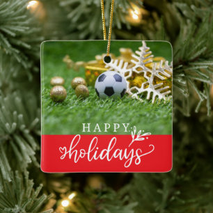Soccer Happy Holidays with ball on green grass   Ceramic Ornament