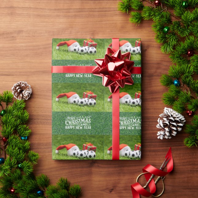 Soccer Happy Holidays with Santa hat Christmas  Wrapping Paper (Holiday Gift)
