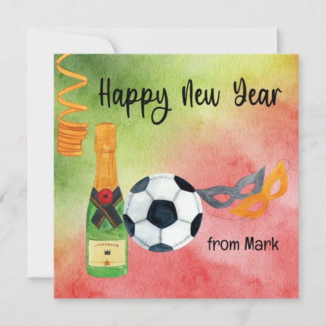 Soccer Happy New Year with Ball and Champagne  Holiday Card (Front)