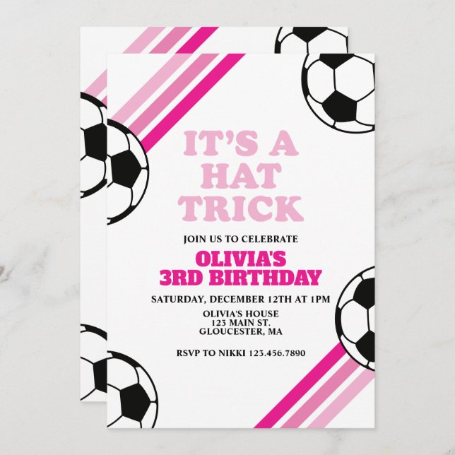 Soccer Hat Trick Pink Stripe 3rd Birthday Invitation (Front/Back)