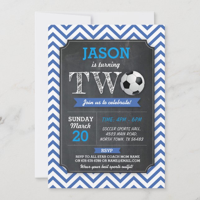 Soccer Invitation Party 2nd Birthday TWO Blue (Front)