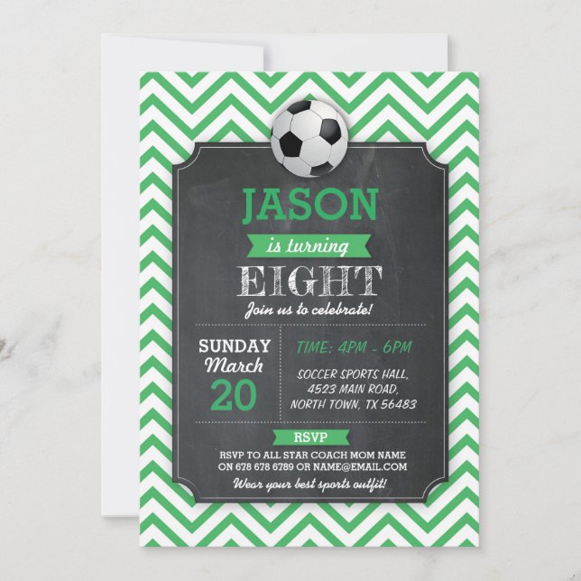 Soccer Invite Party Birthday Sport Green Football (Front)