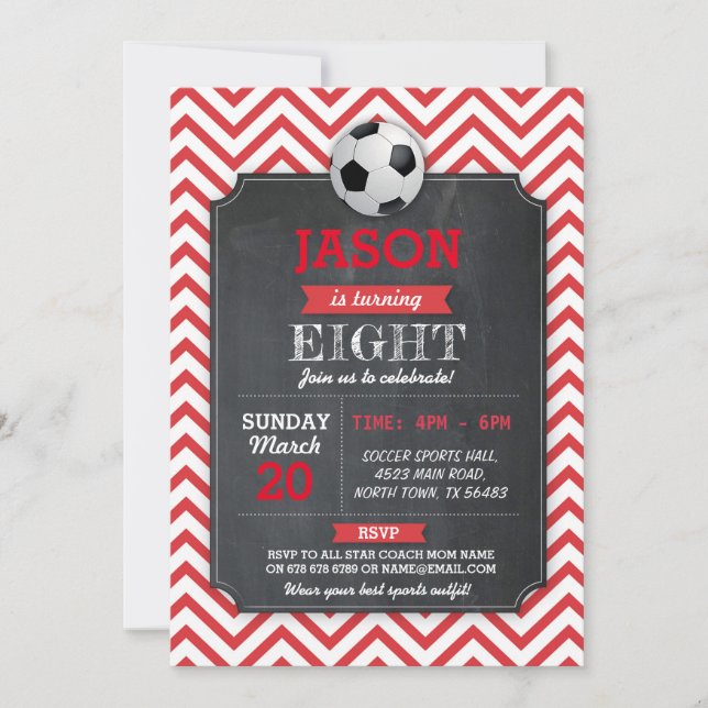 Soccer Invite Party Birthday Sport Red Football (Front)