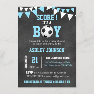 SOCCER It's a Boy Baby Shower Chalkboard Blue Boy Invitation