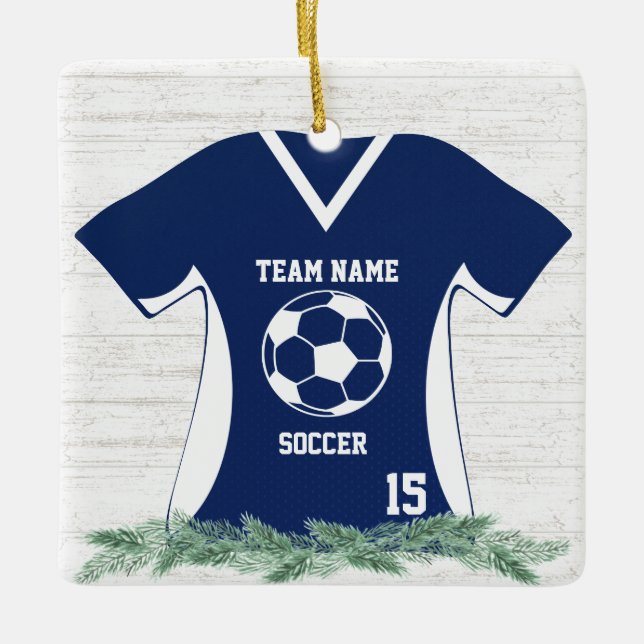 Soccer Jersey Blue and White Shirt with Photo Ceramic Ornament (Front)