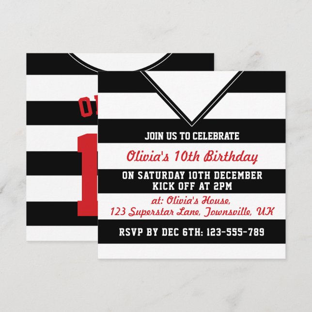 Soccer Jersey Themed Party Invites Template, Black (Front/Back)