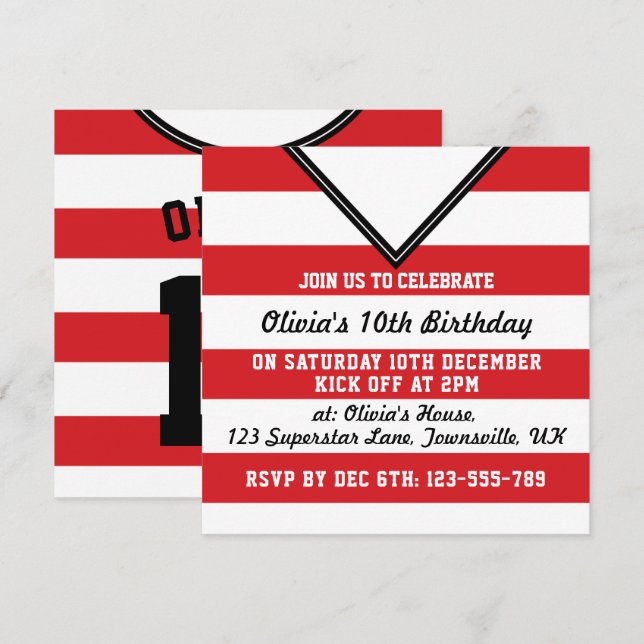 Soccer Jersey Themed Party Invites Template, Red (Front/Back)