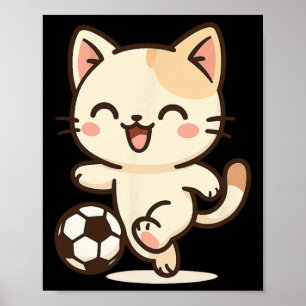 Soccer Kawaii Cat Drawing. Cute Animal Artwork. Poster