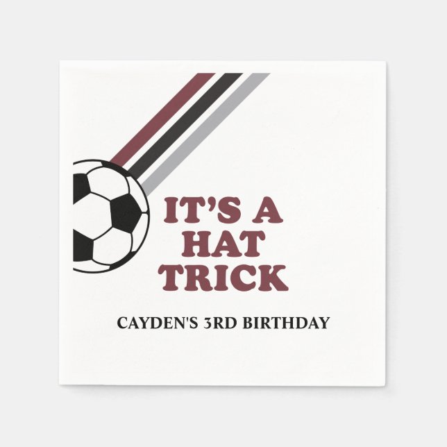 Soccer Maroon Stripes Hat Trick 3rd Birthday Napkin (Front)
