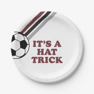 Soccer Maroon Stripes Hat Trick 3rd Birthday Paper Plate