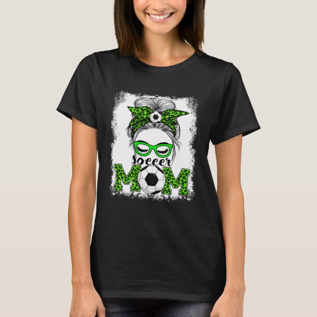 Soccer Mom Mother's Day Game Day Messy Bun Leopard T-Shirt (Front)