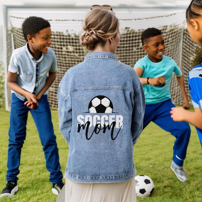 Soccer Mum Black and white text soccer ball  Denim Jacket (Creator Uploaded)