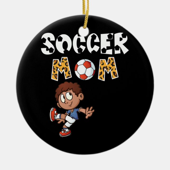 Soccer Mum Leopard Cute Boy Playing Soccer Ceramic Ornament (Front)